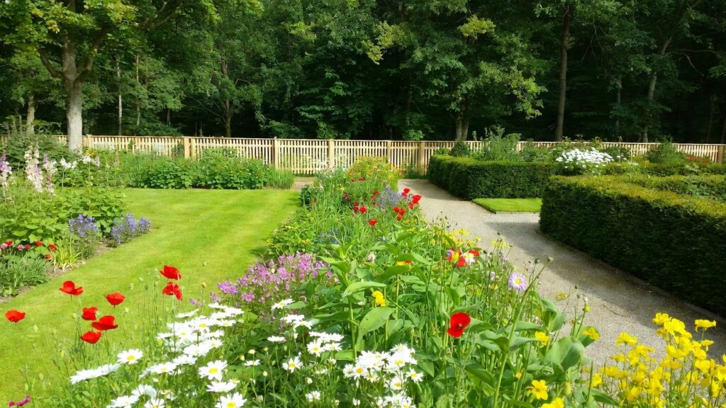 Trädgård, blommande, med mycket färg