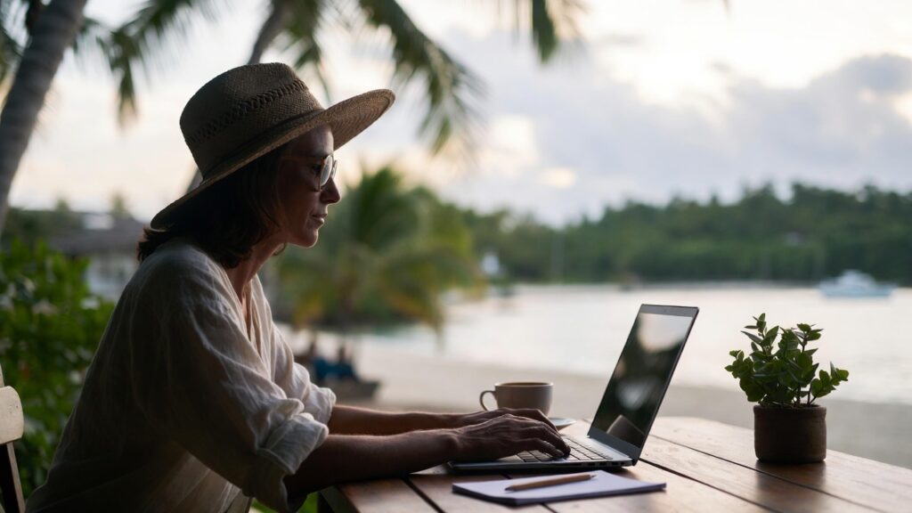Digital Nomad som arbetar på en strand i ett tropsikt land