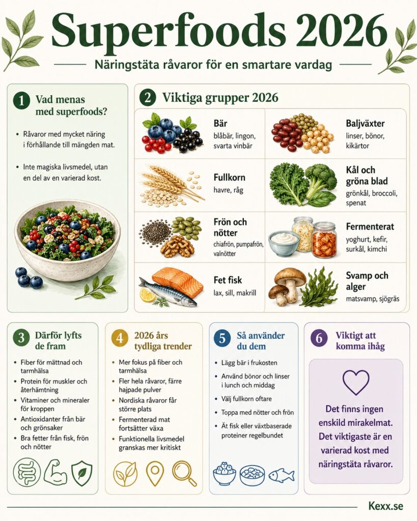Superfoods 2026 infografik, vad menas med superfoods, viktiga grupper 2026, så använder du dem och tydliga trender